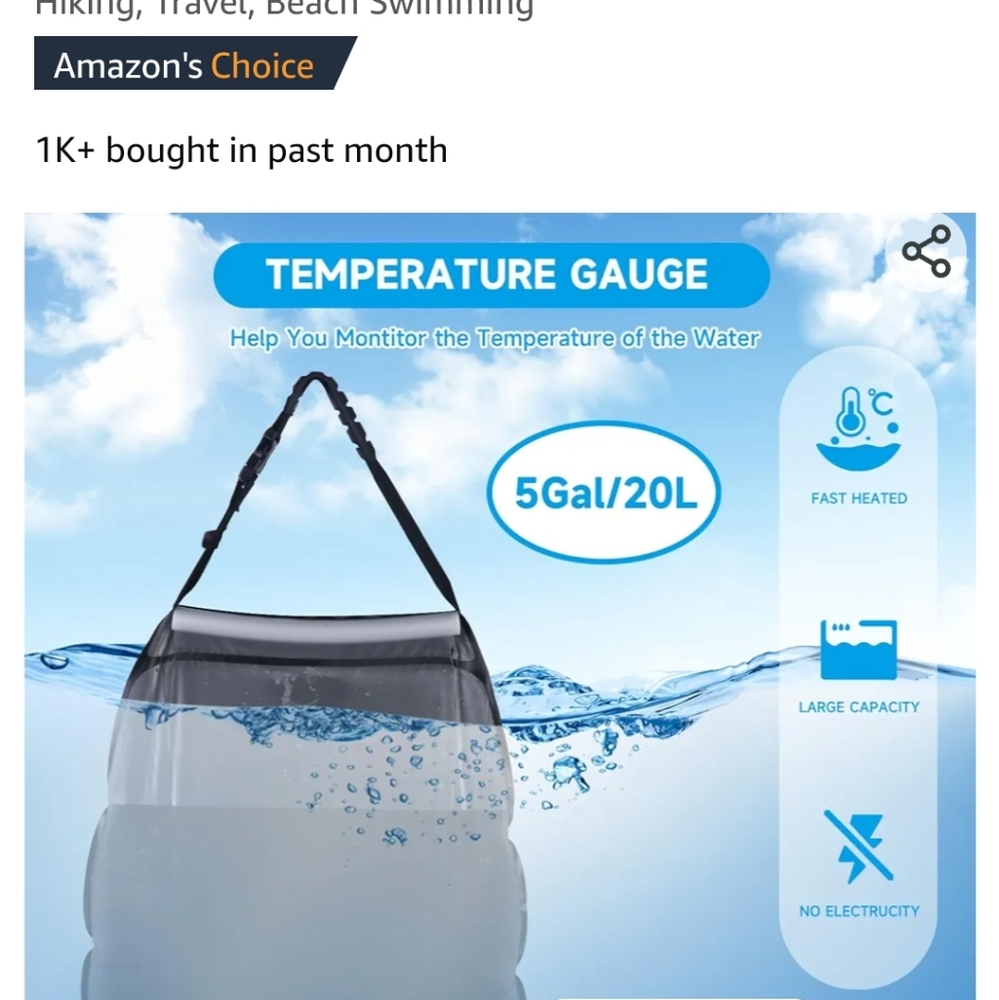 Solar Lortable shower bag 5gal solar heating outdoors for Camping Hikin… - Picture 2 of 7